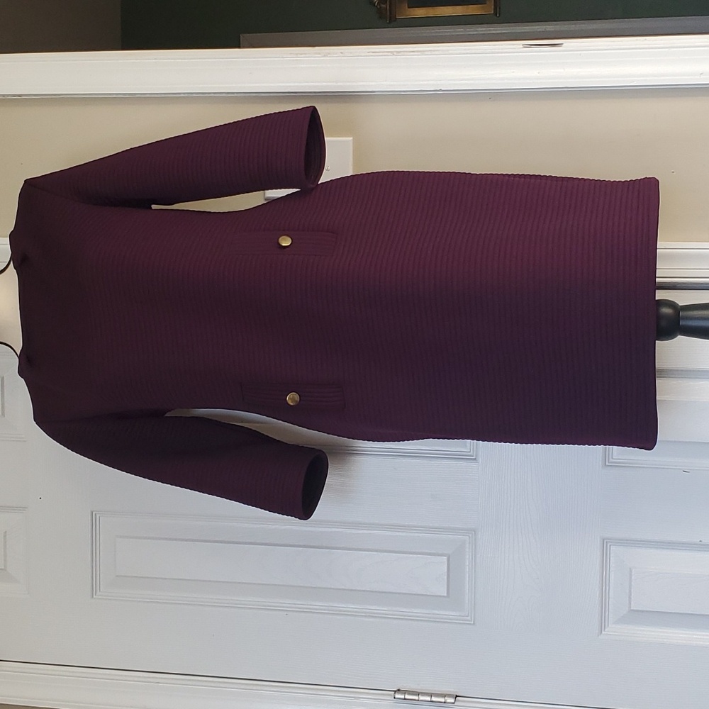 Nina Leonard plum colored ribbed pencil dress with faux front pockets buttons
